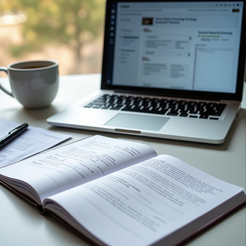 Course materials and laptop open to earned media curriculum on a clean modern desk, soft morning light, organized notebooks and coffee visible