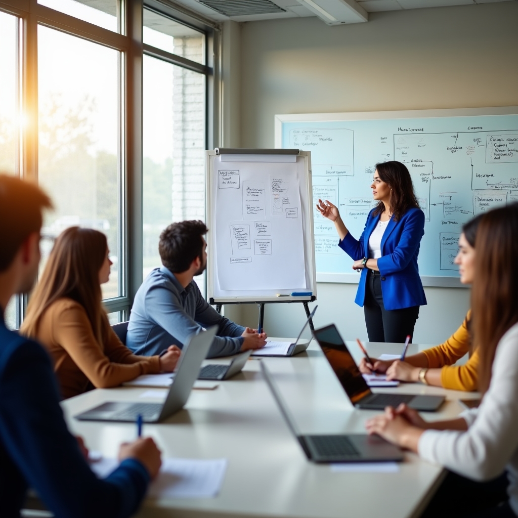 Workshop facilitator presenting earned media framework to small group of marketers in bright contemporary meeting room, whiteboard with campaign diagrams visible