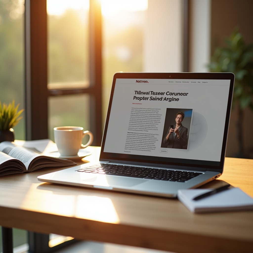 Open laptop displaying editorial article featuring brand mention, warm light, clean desk in modern office environment