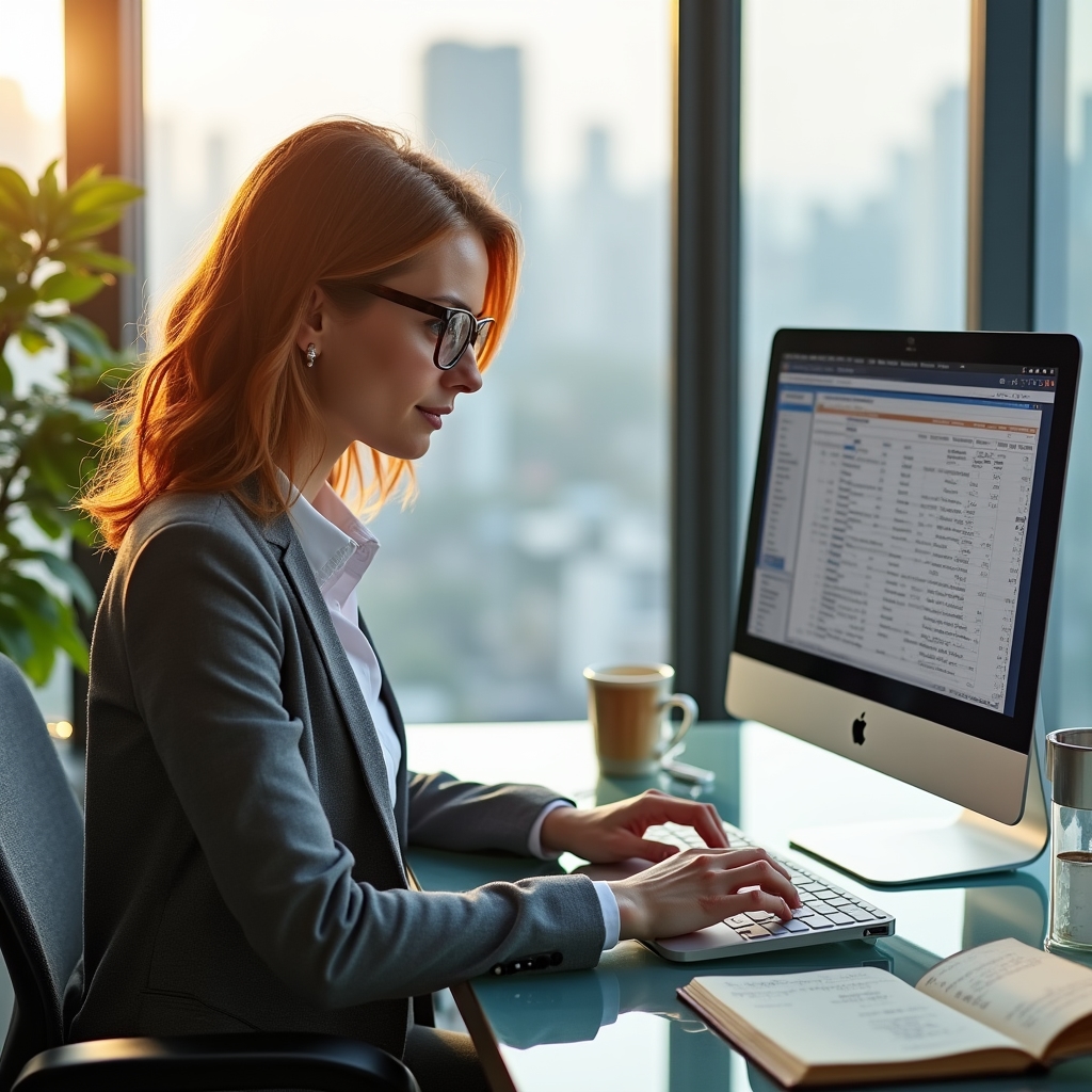 Consultant reviewing publication contact list on laptop at a glass-walled office overlooking city skyline
