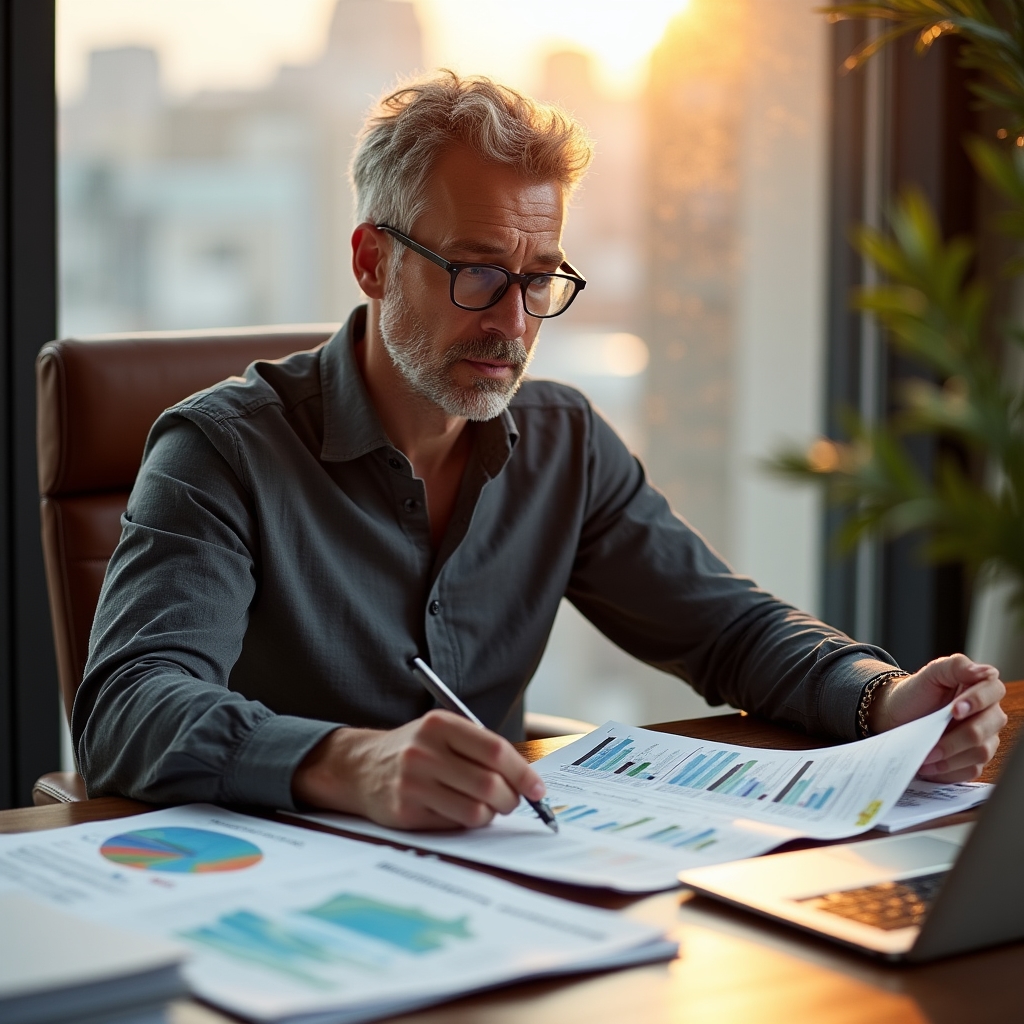 Consultant with reading glasses studying media landscape documents spread across a premium wooden desk, late afternoon golden light streaming through floor-to-ceiling windows